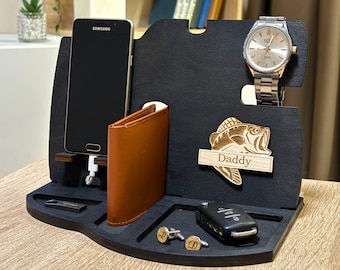 Wooden Docking Station Desk Organizer – Personalised Phone Stand and Charging Station for Home Office Tech Storage