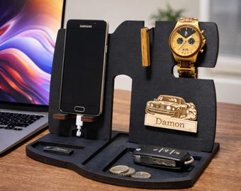 Personalized Wooden Desk Organizer with Phone Stand, Watch Holder, and Personal Item Tray