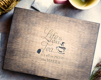 Personalised Tea Box, Custom Engraved Tea Bag Organizer, House Warming Gift For Her, Gift For Grandma