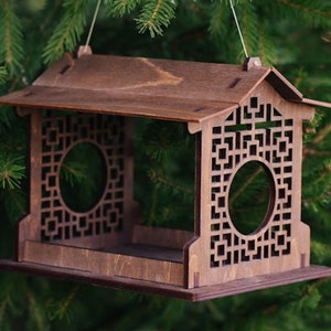 Hanging Bird Feeder for the Outdoors Unique Wooden Covered Platform Large Birdhouse Japanese Garden Decor Gift Her Humming Bird Feeding Tray
