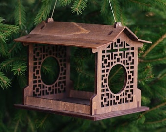 Hanging Bird Feeder for the Outdoors Unique Wooden Covered Platform Large Birdhouse Japanese Garden Decor Gift Her Humming Bird Feeding Tray