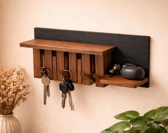 Houten sleutelhouder voor aan de muur met plank, sleutelrek voor in de gang, sleutelhanger aan de muur met haken voor sleutels en accessoires