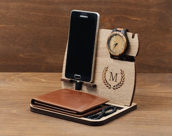 Handmade Personalised Gift for Him Boyfriend Phone Docking Charging Station Wood Custom Techy Accessories Gadgets Xmas Men Desktop Organizer