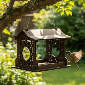 Houten vogelvoederhuis hangend – Japanse tuin decoratie – DIY vogelhuis – Groot voederplatform – Cadeau tuinliefhebber afbeelding 1