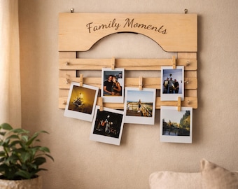 Wooden Hanging Rack for Polaroid Photos - Handmade Unique Photo Display Wall Decor, Display with Mini Pegs