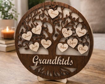 Wooden Family Tree Wall Decor, Personalised Name Sign with 3D Hearts for Entryway or Living Room Display