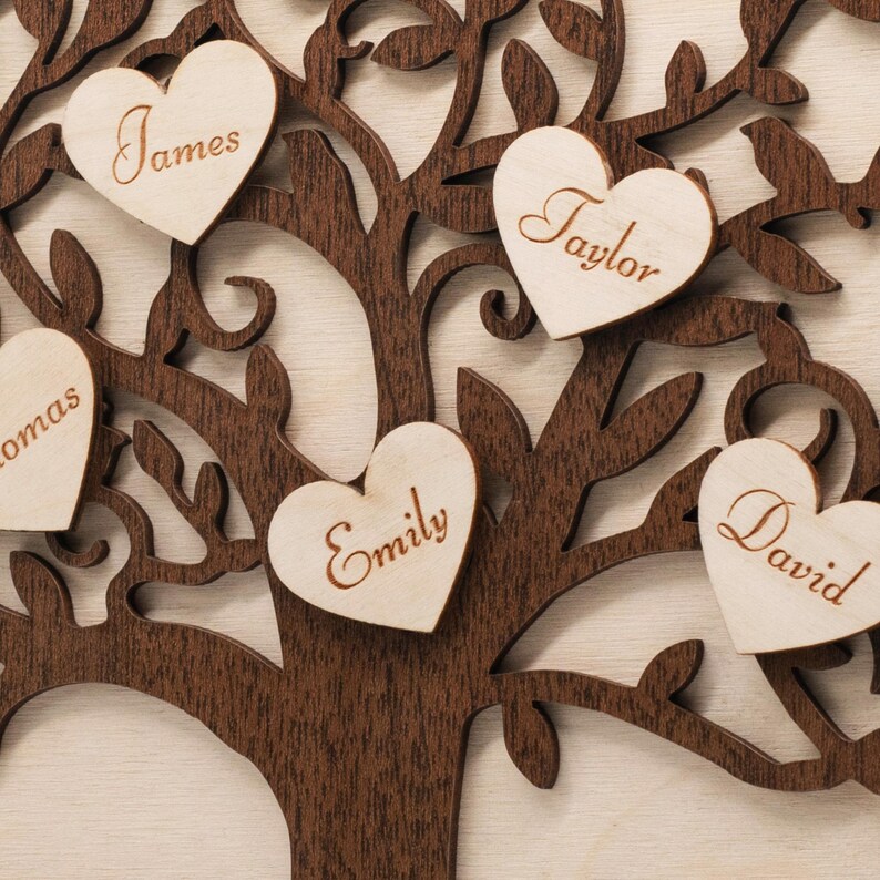 Personalized Family Tree Wall Art Wooden Name Sign With 3D Hearts, Gift ...