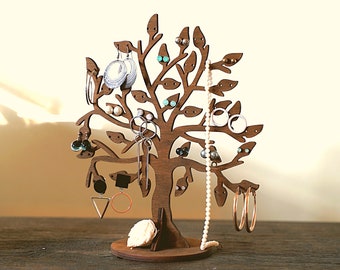 Boomstandaard met gepersonaliseerde sieraden – houten houder voor ketting met oorbellen, cadeau voor haar: display oorbellen en ketting