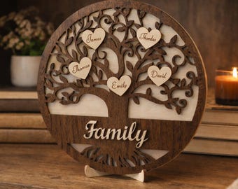 Personalized Family Tree Wall Art Wooden Name Sign with 3D Hearts, Gift for Mother’s Day or Housewarming, Home decor
