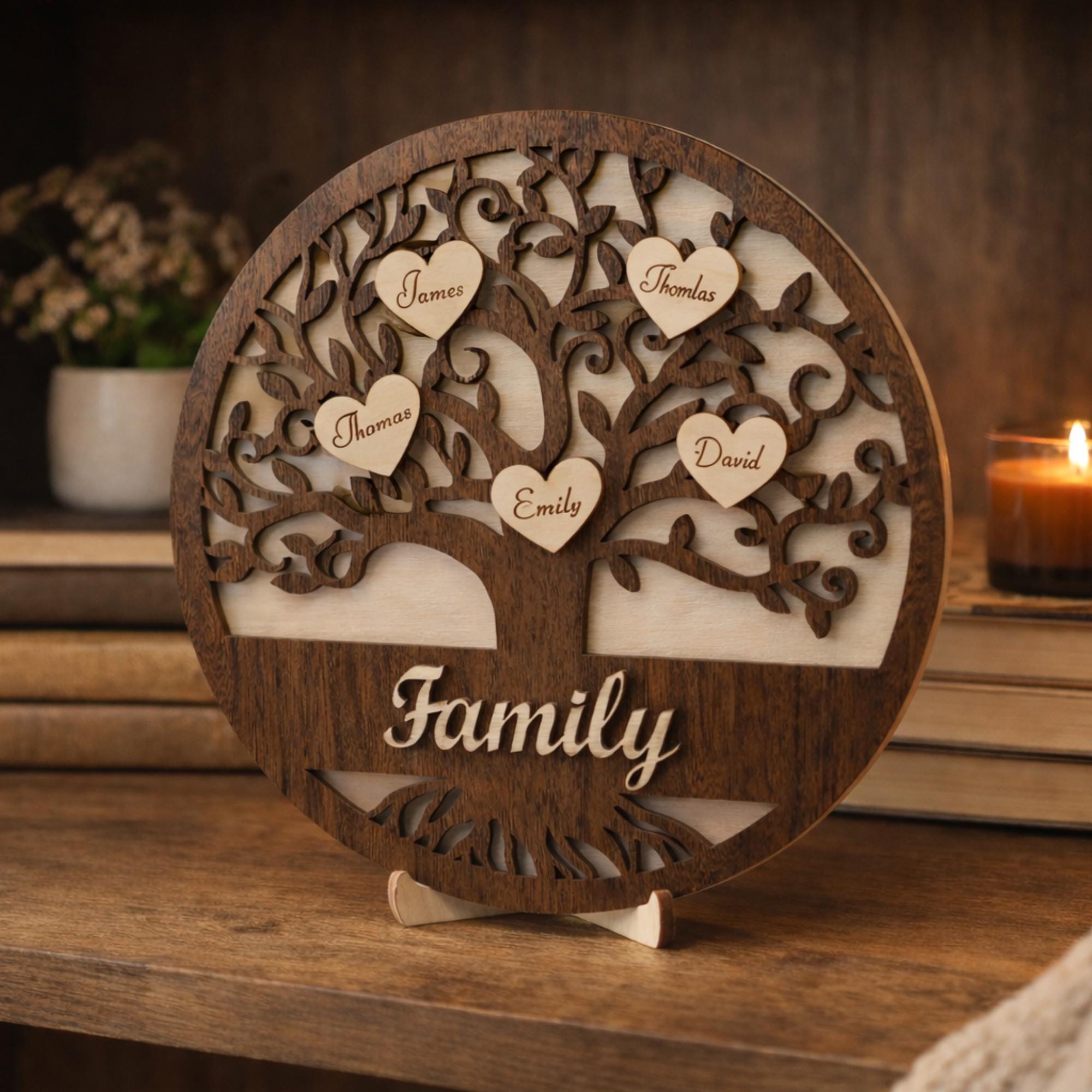 Personalized Family Tree Wall Art Wooden Name Sign With 3D Hearts, Gift ...