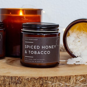 Spiced Honey & Tobacco Candle |  Masculine Soy Candle for Men | Warm Tobacco Scent | Cozy Holiday Gift for Dad, Husband or Boyfried