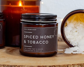 Spiced Honey & Tobacco Candle |  Masculine Soy Candle for Men | Warm Tobacco Scent | Cozy Holiday Gift for Dad, Husband or Boyfried
