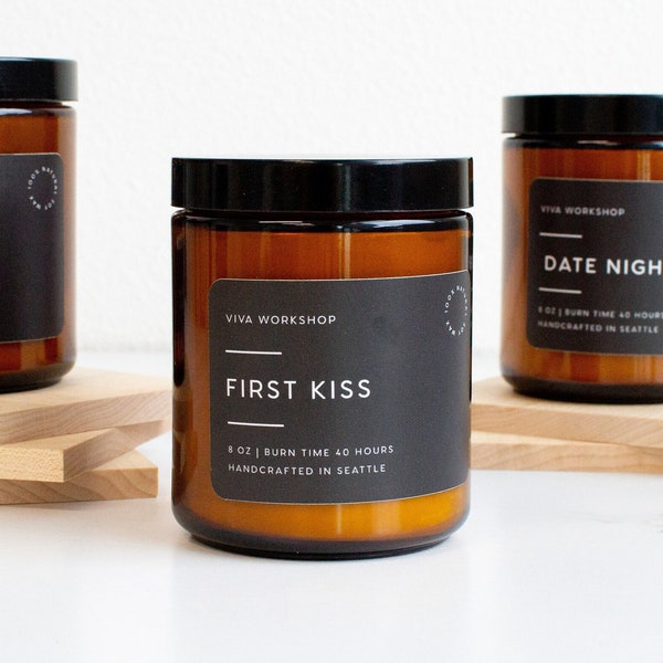 First Kiss Scented Candle in Amber Jar - Romantic and Nostalgic Soy Candle - Anniversary Gift for Her - Available in 4 oz and 8 oz