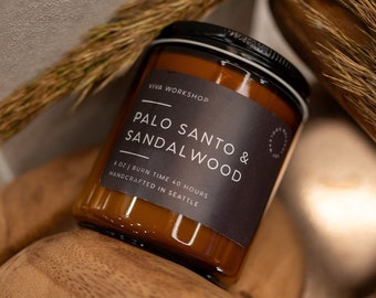 Palo Santo & Sandalwood Soy Wax Candle w/ Wooden Wick in Amber Jar | Home Fragrance for Relaxation and Meditation | Handmade in Seattle, WA