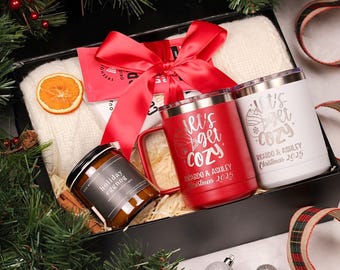 Christmas Gift Box with Personalized Travel Mugs, Cozy Blanket & Soy Wax Candle | Holiday Hot Cocoa Gift Set for Couples - LIMITED EDITION
