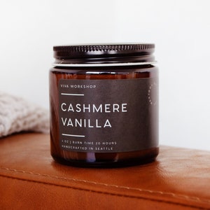 Cashmere Vanilla Candle | Handmade Soy Wax Candle in Amber Jar | Aromatherapy Gift for Her | Vanilla Scented Candle 4 oz & 8 oz
