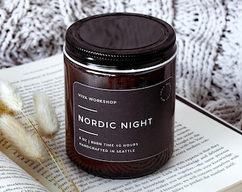 Christmas Gift Nordic Night Soy Wax Candle in Amber Jar, Cozy Home Small Batch Candles w Wooden Wick, Cozy Christmas Stocking Stuffers Gift