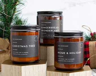 Christmas Holiday Candle Gift Set of 3 | Scented Candles Christmas Tree, Gingerbread Cookies Gift for Coworker Modern Candle in Amber Jar
