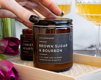 Brown Sugar & Bourbon Soy Wax Candle in Amber Jar - Sweet Smoky Aromatherapy Gift for Him - Father's Day Gift - Handcrafted in Seattle, WA