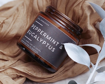 Vela de menta y eucalipto para spa con aceites esenciales / Vela de soja, regalo para el cuidado personal / Vela de aromaterapia de 227 g en frasco ámbar