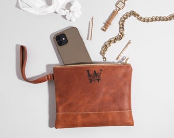 Mother’s Day Gift | Monogrammed Leather Clutch with Wrist Strap, Personalized Leather Gift for Her