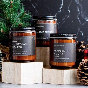 Christmas Gift Candle Set of 3 Holiday Bliss - Gift for Her Christmas Hearth, Nordic Night, Peppermint Mocha Soy Wax Candles in Amber Jar