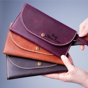 Cartera para mujer / Cartera de embrague de cuero para mujer, Cartera de bolsillo de pulsera, Regalos de aniversario de cuero Monogram para esposa, Cartera Engaved