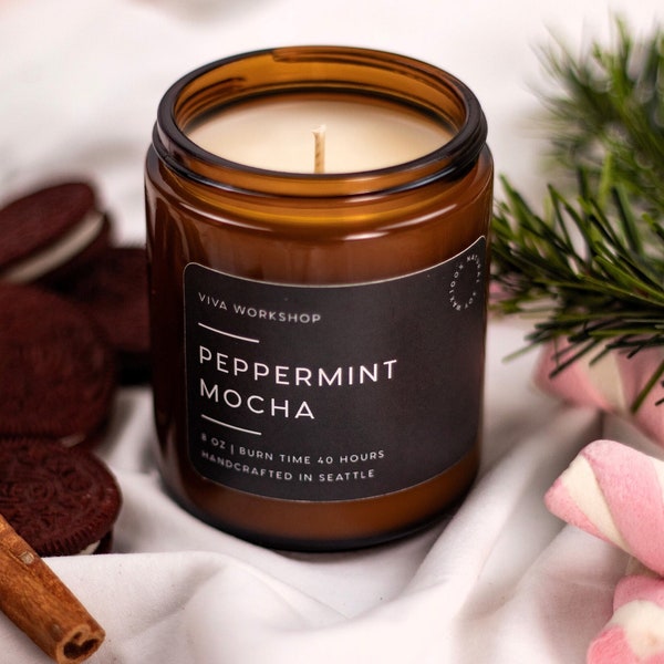 Stocking Stuffers Christmas Gift Peppermint Mocha Soy Wax Candle in Amber Jar, Cozy Christmas Gift for Her, Coffee Candle Hostess Gift