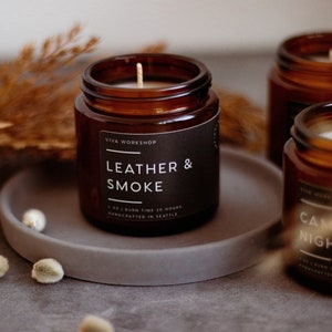 Leather & Smoke Soy Wax Candle in Amber Jar | Fathers Day Gift Leather Scented Candle | Modern Candle Gift for Him | Husband Birthday Gift
