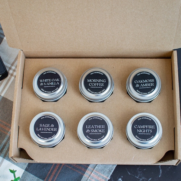 Masculine Scent Candle Set | Rustic Retreat Candle Sampler Set of 6 | Cozy Home Fragrances | Hand-Poured Soy Wax Candles
