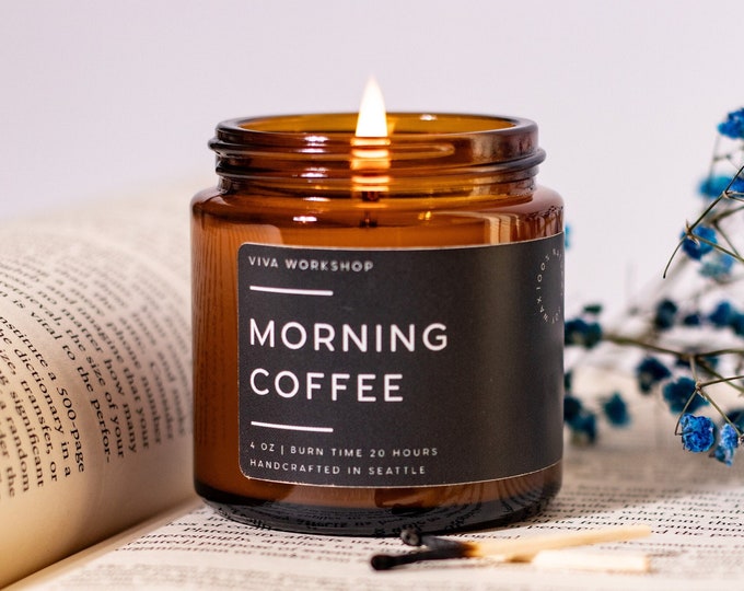 Morning Coffee Wood Wick Candle, Soy Wax Candle in Amber Jar, Coffee Scented Candle Gift for Coffee Lover, Housewarming Gift