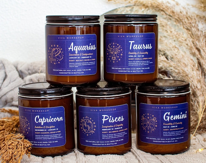 Zodiac Candle, Astrology Candle, Horoscope Candle, Birthday Gift Astrological Sign Soy Candle, Custom Zodiac Gift Scent Soy Wax Candle