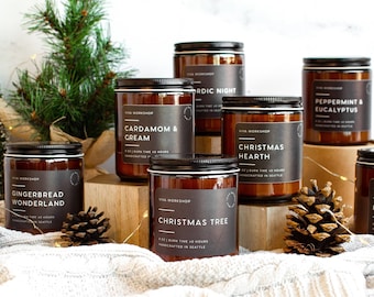 Christmas Gift Holiday Candles | Christmas Candle, Winter Decor Soy Wax Candle, Hostess Gift, Winter Scented Modern Amber Jar Candle