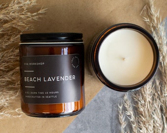 Beach Lavender Soy Wax Candle in Amber Jar - Lavender Scented Candles Birthday Gift - Mother's Day Gift Modern Candle for Relaxation