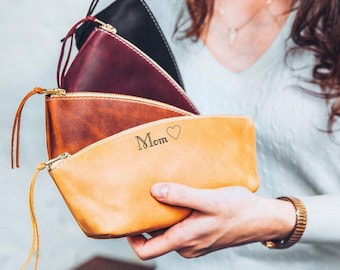 Mother’s Day Gift for Mom, Personalized Leather Makeup Bag, Custom Cosmetic Bag, Monogram Gift for Her