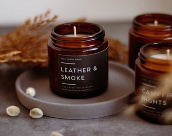 Leather & Smoke Soy Wax Candle in Amber Jar | Fathers Day Gift Leather Scented Candle | Modern Candle Gift for Him | Husband Birthday Gift