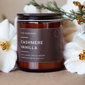 Cashmere Vanilla Candle Handmade Soy Wax Candle - Aromatherapy Gift for Her Vanilla Candle in 4 oz & 8 oz Amber Jars - Seattle, WA