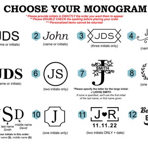 Puede incluir: Un gr&aacute;fico con 12 opciones de monogramas diferentes para nombres o iniciales. Cada opci&oacute;n est&aacute; numerada e incluye una descripci&oacute;n del estilo de monograma. El gr&aacute;fico incluye opciones para una, dos y tres iniciales, as&iacute; como una fecha.