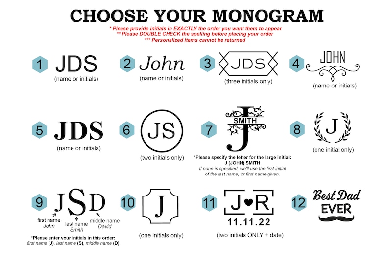 Puede incluir: Un gr&aacute;fico con 12 opciones de monogramas diferentes para nombres o iniciales. Cada opci&oacute;n est&aacute; numerada e incluye una descripci&oacute;n del estilo de monograma. El gr&aacute;fico incluye opciones para una, dos y tres iniciales, as&iacute; como una fecha.