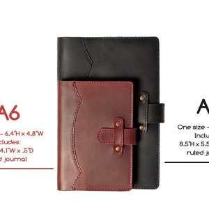 Peut inclure: Pr&eacute;sentation de deux carnets en cuir, A6 et A5. Le carnet A6 bordeaux mesure 16,3 cm de haut x 12,2 cm de large, avec un journal lign&eacute; de 14,5 cm de haut x 10,4 cm de large. Le carnet A5 noir mesure 22,9 cm de haut x 15,2 cm de large.