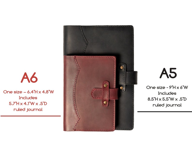 Peut inclure: Pr&eacute;sentation de deux carnets en cuir, A6 et A5. Le carnet A6 bordeaux mesure 16,3 cm de haut x 12,2 cm de large, avec un journal lign&eacute; de 14,5 cm de haut x 10,4 cm de large. Le carnet A5 noir mesure 22,9 cm de haut x 15,2 cm de large.