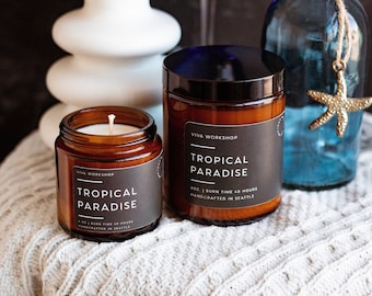 Tropical Paradise Soy Wax Candle in Amber Jar - Summer Scented Modern Candle for Relaxation - Non-Toxic, Eco-Friendly Home Decor