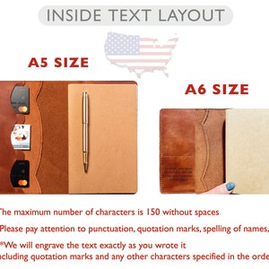 Peut inclure: Deux carnets en cuir ouverts, de tailles A5 et A6, avec un stylo et un bloc-notes. Le carnet A5 a des fentes pour cartes. L'image montre le texte "INSIDE TEXT LAYOUT" en haut. Les carnets sont bruns et le stylo est dor&eacute;.