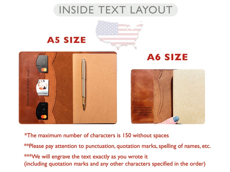 Peut inclure: Deux carnets en cuir ouverts, de tailles A5 et A6, avec un stylo et un bloc-notes. Le carnet A5 a des fentes pour cartes. L'image montre le texte "INSIDE TEXT LAYOUT" en haut. Les carnets sont bruns et le stylo est dor&eacute;.