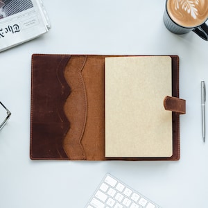 Puede incluir: Un diario de cuero marr&oacute;n con una p&aacute;gina en blanco abierta, un bol&iacute;grafo, un reloj, una taza de caf&eacute; y un teclado sobre una superficie blanca.