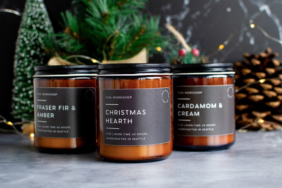 Christmas Candles, Holiday Candles, Winter Candles, Scented Candles Home Decor in 4 Oz and 8 Oz, Christmas Gift Soy Wax Candle in Amber Jar