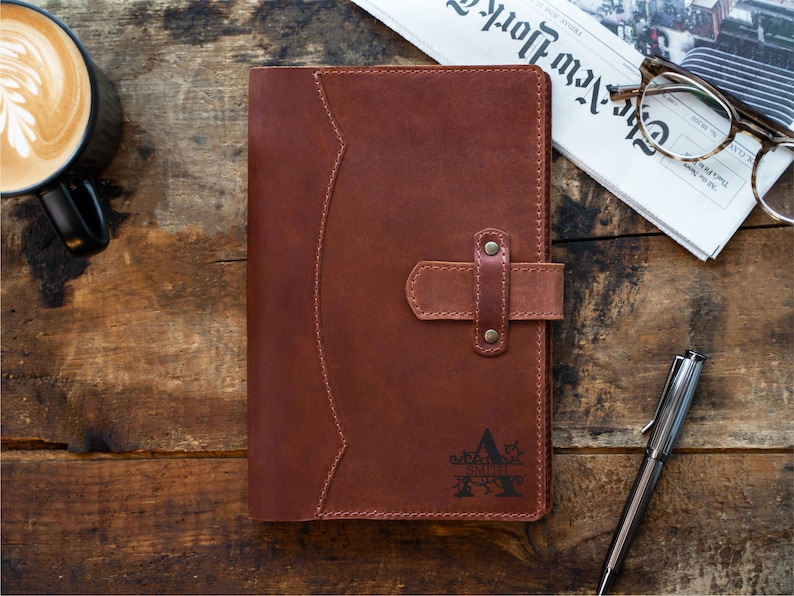 A vintage a5 personalized brown color leather journal notebook cover will become a romantic gift for him on valentine