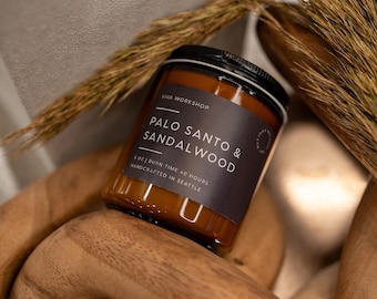 Palo Santo & Sandalwood Soy Wax Candle in Amber Jar | Home Fragrance for Relaxation and Meditation | Handmade in Seattle, WA