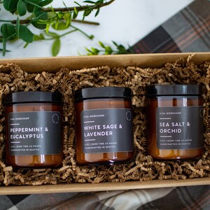 Puede incluir: Una caja de regalo llena de virutas de papel marr&oacute;n que contiene tres tarros de velas de vidrio &aacute;mbar con etiquetas negras. Las etiquetas dicen "Peppermint & Eucalyptus", "White Sage & Lavender" y "Sea Salt & Orchid". Cada vela tiene un tiempo de combusti&oacute;n de 40 horas y est&aacute; hecha a mano en Seattle.