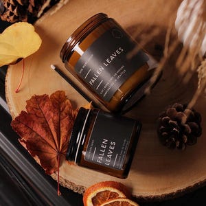 Puede incluir: Dos velas en frasco de vidrio &aacute;mbar con etiquetas negras que dicen FALLEN LEAVES, 8 OZ | BURN TIME 40 HOURS, HANDCRAFTED IN SEATTLE. Las velas est&aacute;n rodeadas de hojas de oto&ntilde;o secas, una pi&ntilde;a de pino y rodajas de naranja secas.